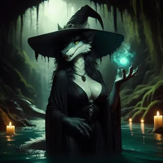 Photorealistic dragon-wolf hybrid anthro witch woman in a dark cave swamp, wearing a witch hat and robe, casting a glowing magic spell with candles in water.