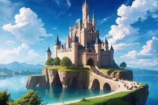 A grand fantasy castle with numerous towers and a tall wizard tower, situated on a floating island surrounded by a lake, connected by a stone bridge under a bright blue sky with clouds.