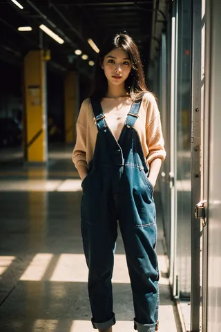Photorealistic image of a female mechanic wearing dark denim coveralls with her hands in pockets, standing in an aircraft hangar illuminated by soft golden hour light with bokeh background.