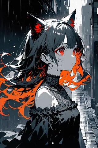 Close-up portrait of an anime girl with wolf ears and flowing orange hair, red eyes, wearing a black off-shoulder dress standing in a rainy monochrome city street.