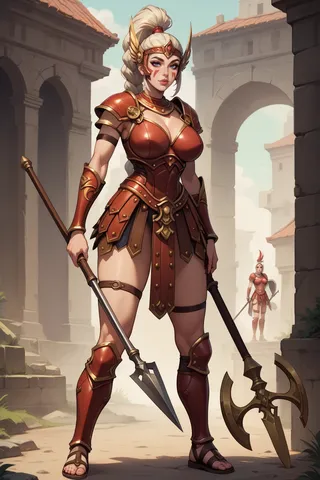 A seductive Amazon warrior woman with white hair in a ponytail and braid, wearing ornate red armor, holding a spear and axe, standing in an ancient Roman-style architectural setting with volumetric lighting.