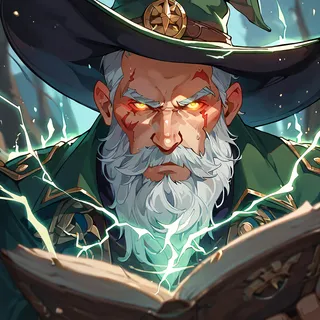 Close-up of a bearded fantasy wizard with glowing eyes casting lightning spells, surrounded by magic particles and reflective light, with a fantasy cabin background.