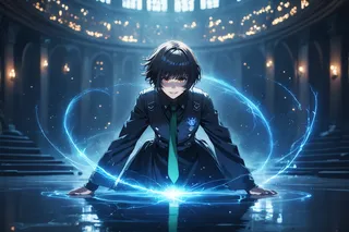 Fumiya Kuroba with black hair and red eyes casting a magic spell indoors, surrounded by glowing blue magic particles, in a fighting stance with reflective light effects.