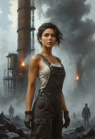 A young woman mechanic in work overalls stands confidently in front of a massive metallurgical furnace with steam and smoke rising, set in a gritty industrial landscape.