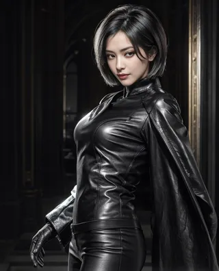 Close-up half-length portrait of Ada Wong dressed as a royal empress in black horsehide leather robe, trousers, and gloves inside a dim medieval castle at midnight.
