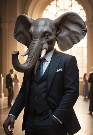 Photorealistic image of an anthropomorphic elephant-man wearing a formal dark suit with a tie and pocket square, standing confidently in an elegant hall with cinematic lighting.