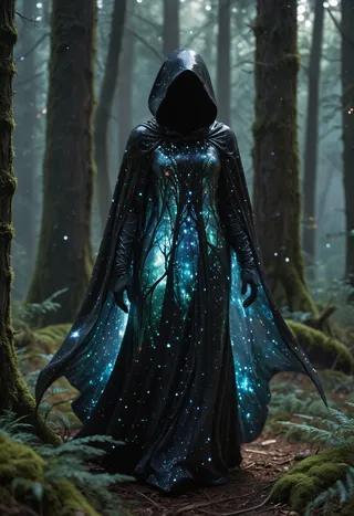 A hooded figure wearing a flowing cloak shimmering with stars stands in a misty, moss-covered mystical forest with tall trees and soft glowing light.