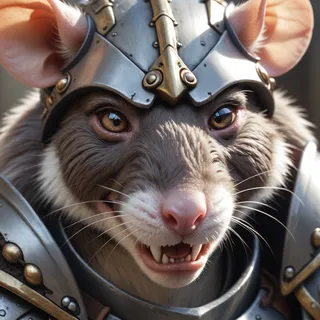Closeup portrait of an anthro rat warrior wearing a detailed mighty armor helmet, showing sharp fangs and expressive golden eyes.