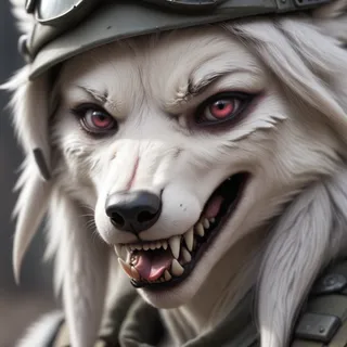 Closeup portrait of an anthro white wolf female soldier with red eyes, fangs visible, in natural light wearing a helmet.