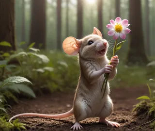 A small furry mouse holding a delicate pink and white flower, standing on forest ground with natural light filtering through the trees.