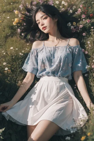 A girl lying in a flower field with roses, wearing a blue floral off-shoulder blouse and white skirt, bathed in soft autumn light.