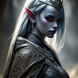 Photorealistic portrait of a female drow ranger with dark makeup, red eyes, and intricate leather armor featuring leaf patterns, wearing a tiara and jewelry.