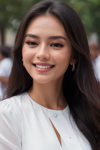 Portrait of a girl with long dark hair, a bright grin, and wearing a white blouse, captured in natural light with a detailed facial expression.