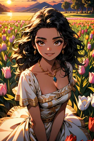 A smiling dark-skinned girl with wavy black hair wearing an elegant white and gold dress, sitting in a colorful tulip field during golden hour.