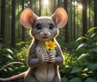 A cute furry mouse holding a yellow flower in a sunlit forest with lush green plants and tall trees in the background.