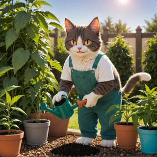 Cute cat dressed in green overalls watering cannabis plants in a sunny garden with a watering can, smiling happily.