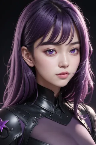 Close-up portrait of a girl with dark purple hair and bright purple star-shaped eyes, wearing a black and purple bodysuit, against a dark background.