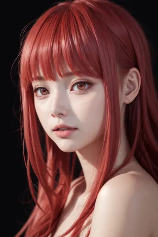 Close-up portrait of a girl with red hair and red eyes featuring star-like highlights, blush on cheeks, bright skin, and sidelighting against a dark background.