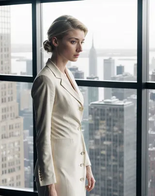 A serious businesswoman in a cream-colored suit stands in front of large glass windows of a New York skyscraper office, looking out thoughtfully over the city.