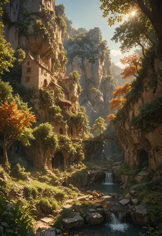 A serene valley featuring a medieval stone building built into cliffs, surrounded by autumn-colored trees, with waterfalls and a flowing stream.
