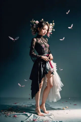 Ultra detailed portrait of a girl with intricate lace dress, flowers and insects in hair and neck, standing barefoot on a fabric-strewn floor with butterflies around.