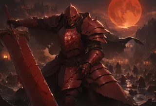 A dark armored necromancer knight holding a bloodied greatsword in a defensive stance on a medieval battlefield, illuminated by a glowing red full moon and rain.