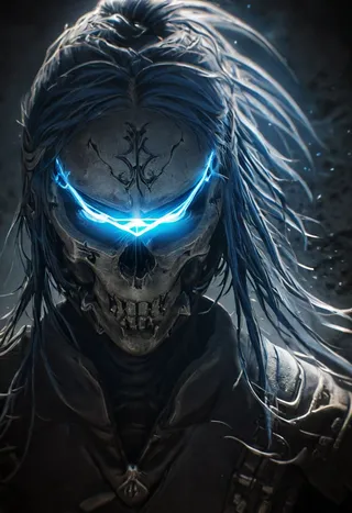 Closeup portrait of a detailed skull ninja wearing armor, with glowing blue eye-trails emitting light, captured in cinematic lighting with shallow depth of field.