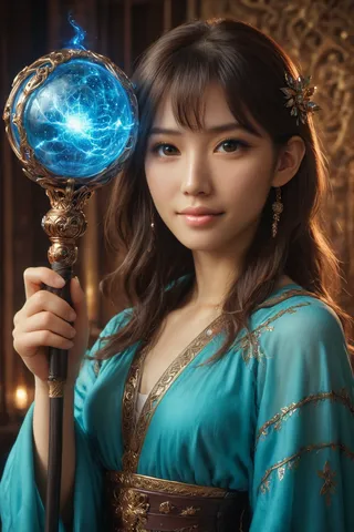 A detailed portrait of a fantasy woman holding an ornate orbstaff with a glowing blue magical orb, dressed in a blue robe with gold embroidery.