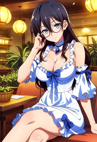 An anime girl with long black hair, blue eyes, and glasses wearing a white sundress with blue frills and bows, sitting in a cozy cafe setting with warm lighting.
