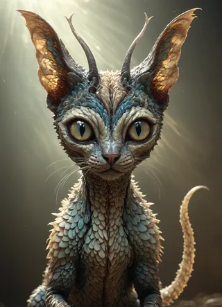 A small otherworldly feline creature with large yellow eyes, beige and blue scales, pointed horns, a forked tail, and digitigrade appendages illuminated by soft light.