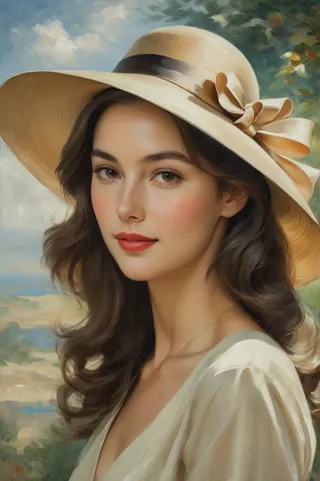Close-up oil painting of a youthful woman wearing an elegant hat adorned with a ribbon, soft curls framing her face, and classic attire, set against a serene outdoor background.