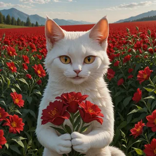 White-furred cute cat holding a bouquet of red flowers standing in a vibrant red flower field under natural light with mountains in the background