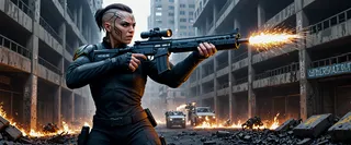 Cyberpunk girl with shaved head, head tattoo, and mechanical glowing blue eye firing a high-tech rifle in a post-apocalyptic urban battlefield with burning rubble and explosions.