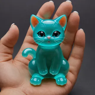 A small, cute turquoise-colored glass cat figure with black eyes and pink nose sitting on an open hand against a dark background.