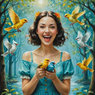 A smiling young woman in a blue off-shoulder dress holding colorful birds with more birds flying around her in a bright forest setting.