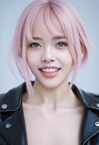 Close-up of a beautiful slim girl with light pink hair, light purple eyes, and white skin, wearing a black cropped jacket and smiling with a slight smirk.