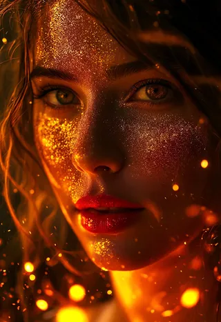 Close-up portrait of a young woman with sparkling gold dust on her face, glowing red lips, and intense eyes illuminated by warm fiery light with embers around.