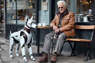 Elderly man with white hair wearing a brown leather jacket and sunglasses sitting at an outdoor cafe with a grey metallic robot dog on a leash beside him