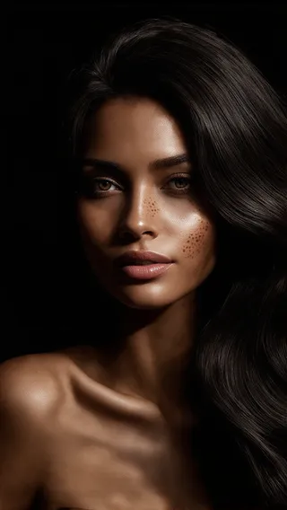 Close-up photorealistic portrait of a woman with deep brown skin and voluminous black hair styled in waves, illuminated by dramatic golden studio lighting against a black background.