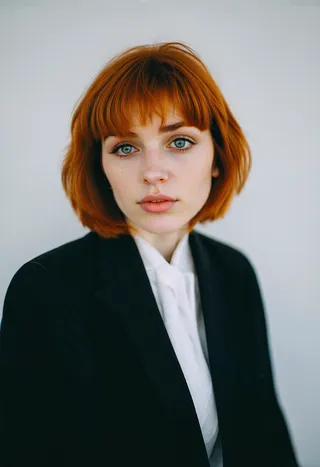 Close-up portrait of a young woman with auburn hair and blue eyes wearing a black blazer and white blouse, captured in a high-resolution studio photoshoot style with cinematic film stock effects.