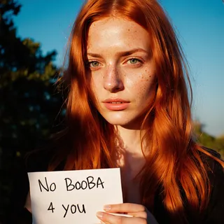 Close-up portrait of a red-haired woman with freckles holding a handwritten sign that says 'No Booba 4 you', illuminated by warm sunlight against a blurred outdoor background.