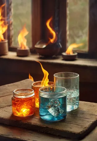 Rustic laboratory equipment showcasing the four elements: fire burning in jars, water in glass with ice, and ambient natural light highlighting the scene