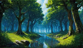 A serene Azeroth night elf forest landscape featuring a sunlit river reflecting lush green trees, shadows, and highlights in HDR quality.