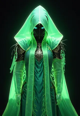A hooded cyborg shinobi with glowing blue-green eyes and translucent green cape illuminated by volumetric lighting in a dark ambiance.