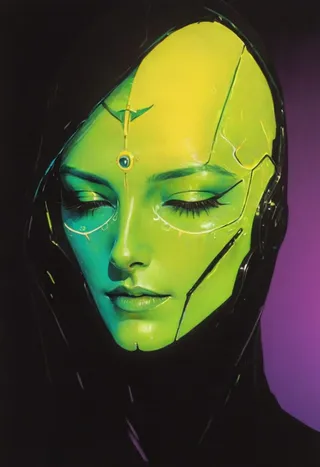 Close-up portrait of a detailed neon-colored cyborg with closed eyes, featuring rococo-style ornaments and a hooded cape in cinematic synthwave lighting.