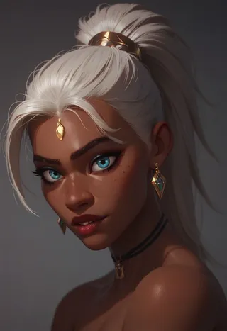 Portrait of a female drider character with dark skin, striking blue eyes, white hair in a ponytail, and gold jewelry including earrings and forehead ornament.