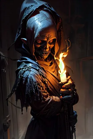 A realistic hooded skeleton figure holding a burning torch inside a dark and gloomy dungeon.