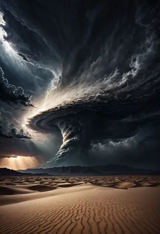 A dramatic desert landscape with sand dunes beneath a night sky filled with a swirling dark cloud vortex, illuminated by cinematic lighting.