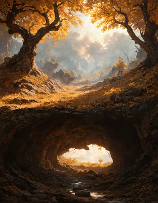 Epic fantasy landscape showing a golden tree with twisting branches and falling golden leaves above ground, contrasted with a dimly lit underground cave system beneath it.