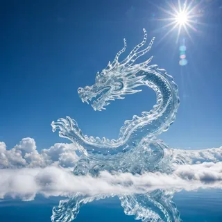 Transparent water dragon shaped from clouds floating in a clear blue sky with bright sunlight and reflection below